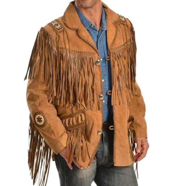 Handmade Scully Western wear Brown Suede Leather Jacket Fringe Bead & Bone