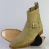 Handmade Pure Beige Color Suede Ankle High Single Strap Buckle Boot