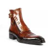 Handmade Men Brown Ankle High Button Zipper Monk Strap Boot