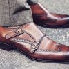 Handmade Men’s Brown Leather Brogue Wing Tip Monk Double Buckle Strap Shoes