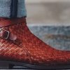 Handmade Men Brown High Ankle Monk Strap Stylish Leather Boot