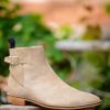 Beige Color Genuine Suede Leather High Ankle Party Wear Jodhpur Buckle Boots