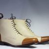 Handmade Ankle High White & Brown Leather Cap Toe Lace Up Boots