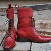 Handmade Burgundy Color Leather Ankle High Double Buckle Lace Up Cap Toe