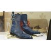 Men Blue Ankle High Cap Toe Leather Double Monk Designer Boot