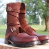 New Brown Leather Monk Strap Ankle Long Army Boot