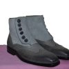 Handmade Mens Button Top Wing Tip Leather & Suede Gray Black Boots