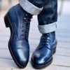 New Pure Handmade Dark Blue Leather Lace up Ankle Boots for Men’s