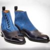 Handmade Black Leather and Blue Suede Button Style Ankle High Men’s Boot