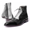 Handmade Men Two Tone Cap Toe Lace up Boot, Men Black and White Ankle High