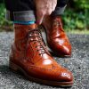 Handmade Bespoke Tan wing Tip Lace up Ankle High Leather Boots