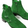 Green High Ankle Suede Leather Monk Triple Buckle Straps Men Party Wear Boot