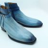 New Handmade Blue White Shaded Leather Ankle High Monk Strap Boot