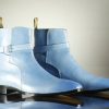 Elegant Pure Handmade Blue Leather Jodhpurs Ankle High Fashion Strap Dress Boot