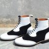 Handmade White and Black Leather & Suede Formal Ankle Boots