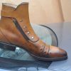 Jo Ghost Italian Mens Brown Leather Buckle Strap Boot With Side Zipper and Button