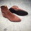 Handmade Brown Suede Leather Round Strap Ankle High Boot