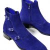 Men High Ankle Blue Color Triple Buckle Straps Monk Suede Leather Boots