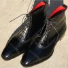 Handmade Men Black Cap Toe Lace Up Ankle High Boots