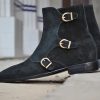 Handmade Men Black Color Suede Leather Ankle High Triple Buckle Strap Zipper Boots