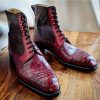 Handmade Men Burgundy Crocodile Textured Leather High Ankle Boots