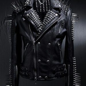 HANDMADE Mens Full Black Punk Silver Long Spiked Studded Leather Buttons Up Jacket Silver Studs and Spikes Black Leather