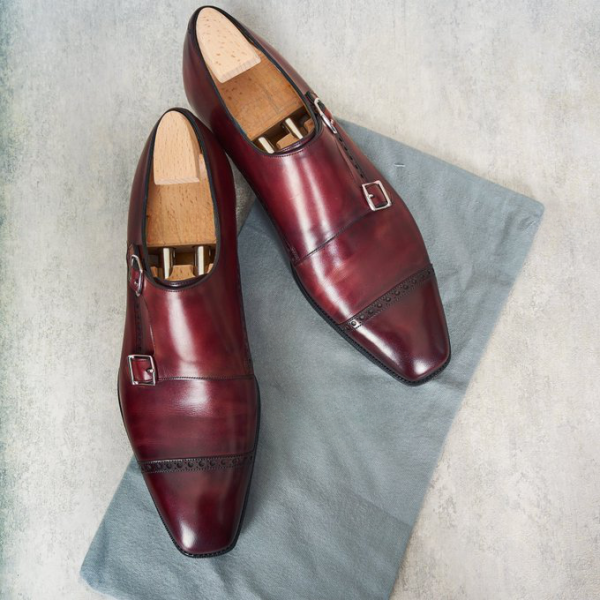 Handmade Classic Burgundy Double Monk Strap Shoes
