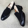 Handmade Mens Wingtip Dress Loafers in Black Suede and Plain Calf Leather Shoes with Blue Brogueing