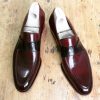 Handmade Men Burgundy Leather Loafer with Croc Strap Dress Shoes