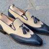 New Handmade Two Tone Wingtip Blue & Beige Tassel Loafers Dress Shoes