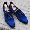 Handmade Brighton Tassel Loafers – Blue Suede Patina Dress Shoes