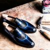 Split Toe Loafers Deep Patinated Blue Shades Moccasin Formal Shoes